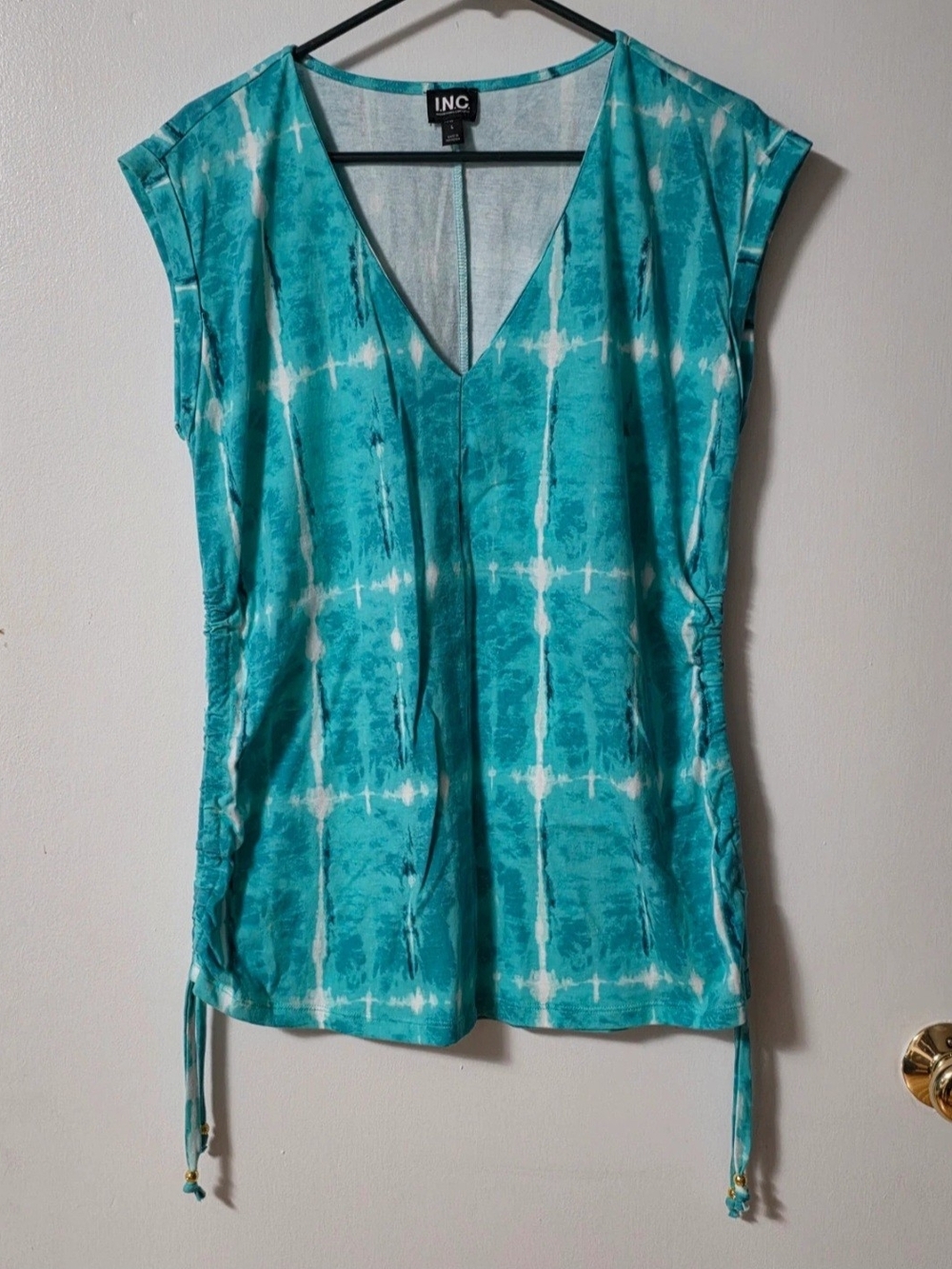 INC International Concepts Turquoise and White Tie-Dye V-Neck Tunic L